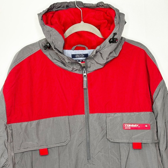 Y2K Tommy Hilfiger Mens Pullover Anorak Jacket Hoodie Red Gray XXL Spellout - Picture 4 of 13